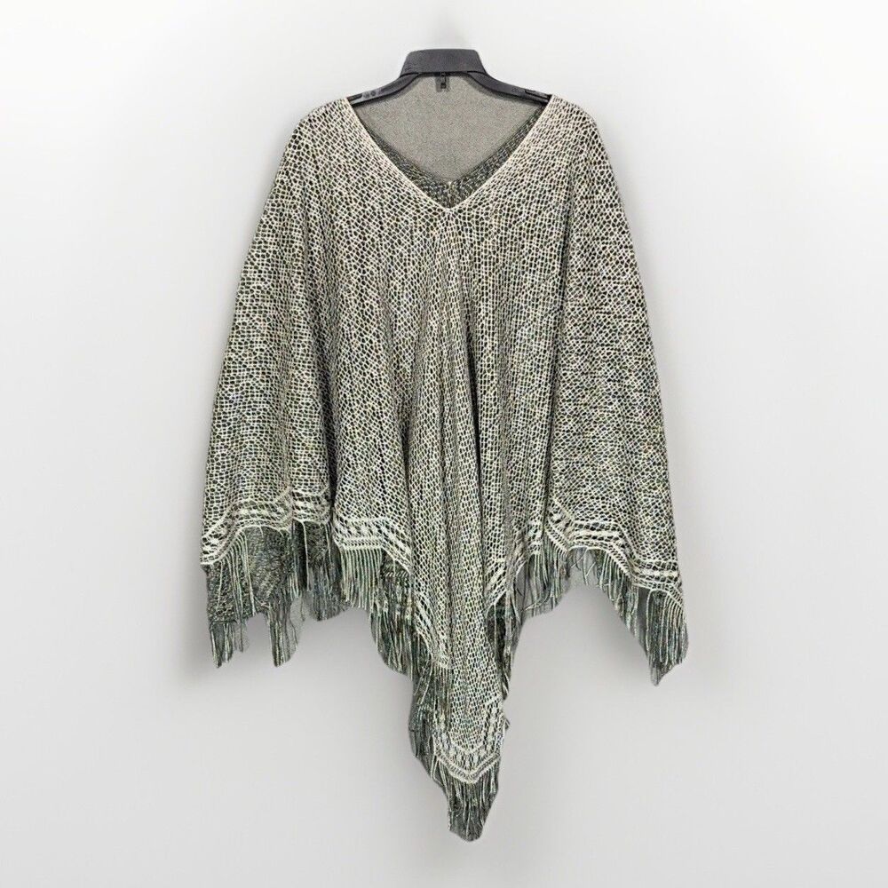 V-Neck Knit Poncho Cape Metallic Gold Silver Fringe Hem Shawl Wrap One Size